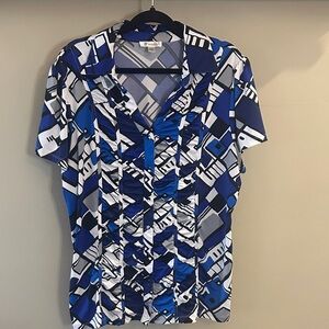 dressbarn Blue White & Gray Geometric Short-Sleeve Button-Up Shirt